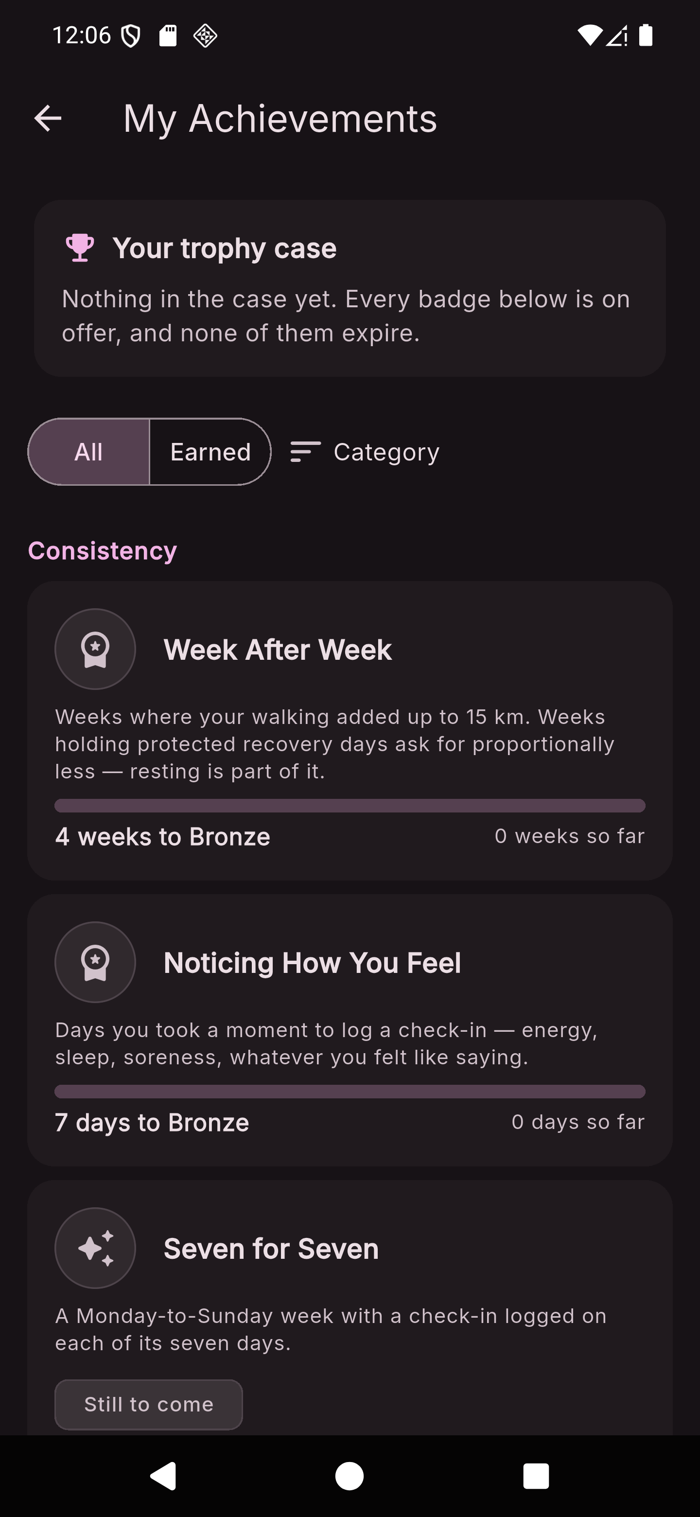 The Frelia Achievements screen showing trophy case badges for Week After Week, Noticing How You Feel, and Seven for Seven with progress bars toward Bronze tier.