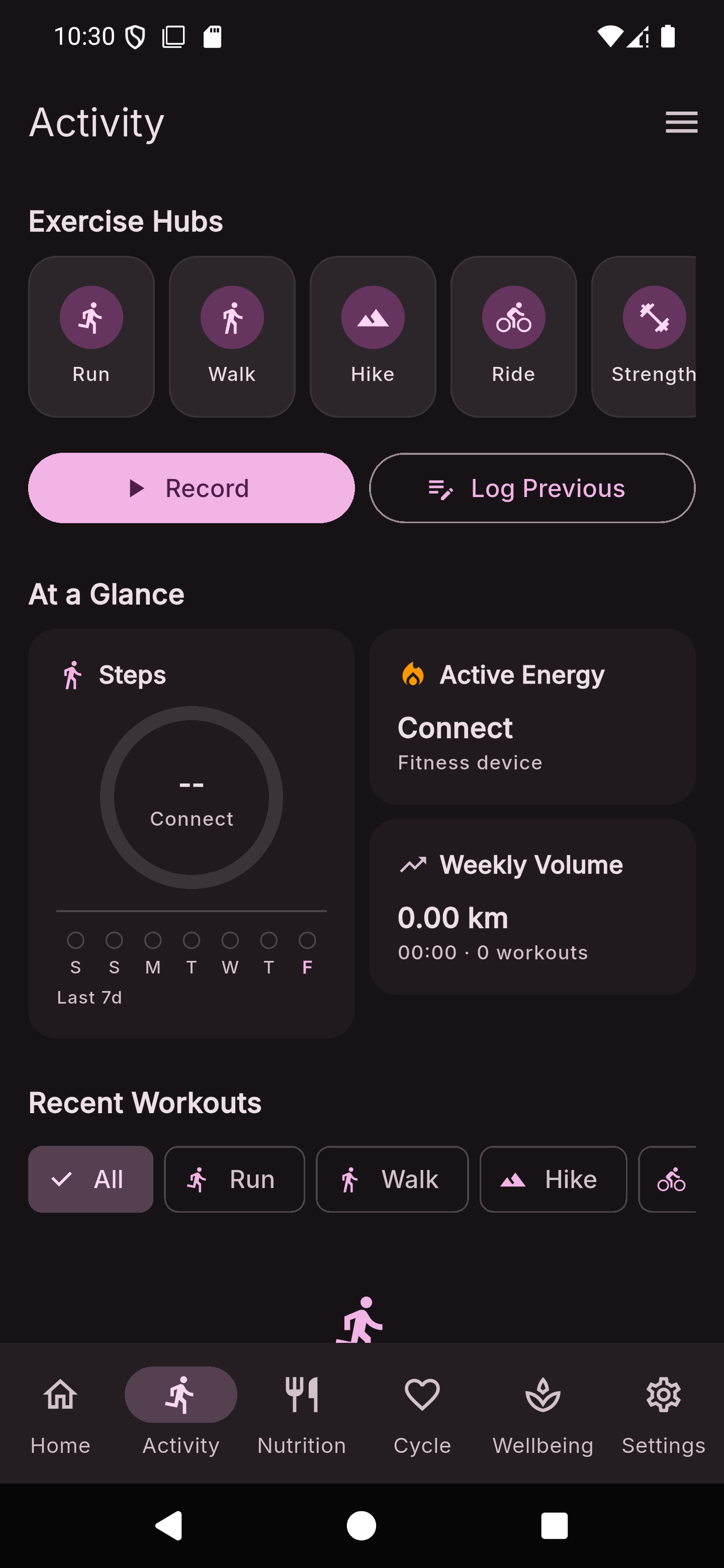 The Frelia Activity dashboard showing exercise hubs for Run, Walk, Hike, Ride, and Strength, with Record and Log Previous buttons, daily step count ring, and weekly volume metrics.