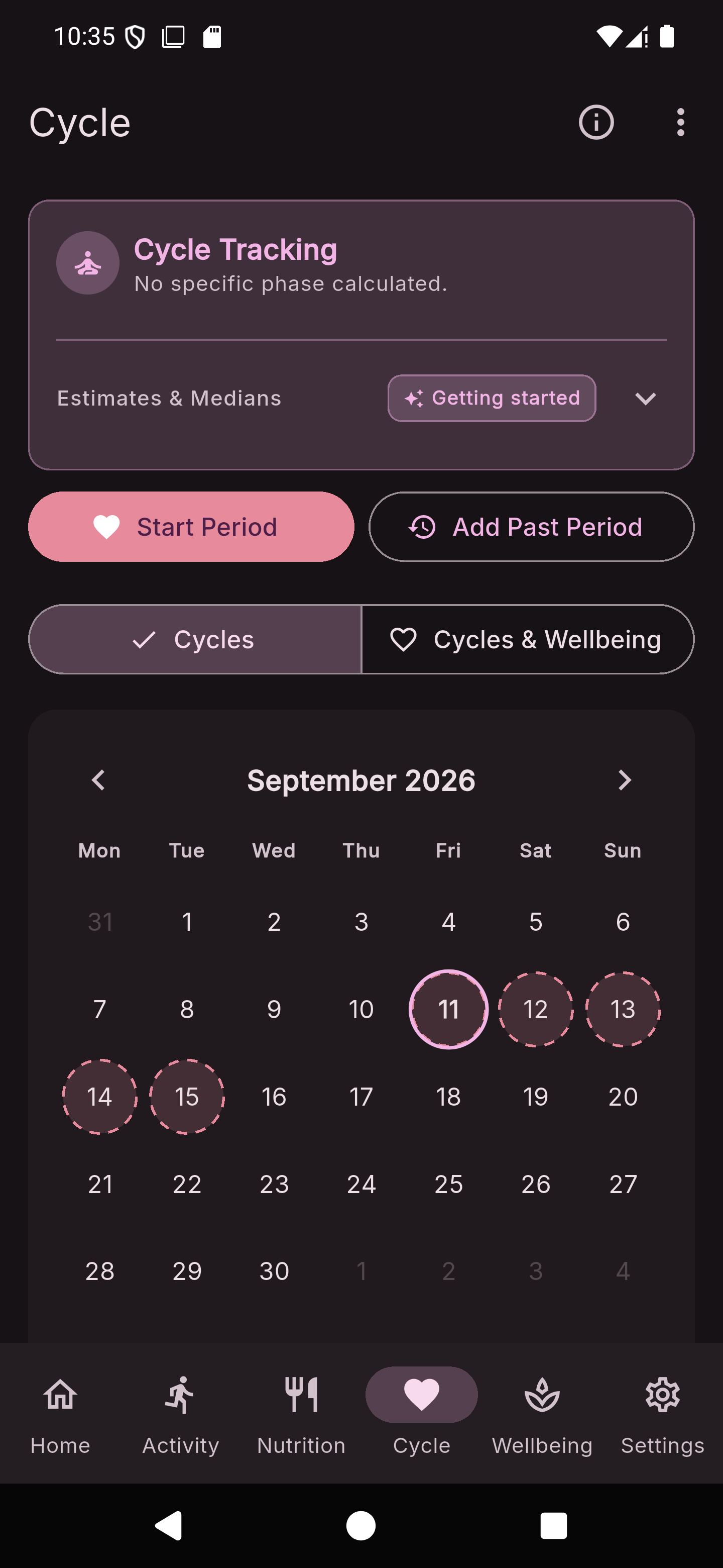 The Frelia Cycle screen showing cycle tracking estimates, period logging buttons, and a monthly calendar highlighting cycle phases and predicted period dates.