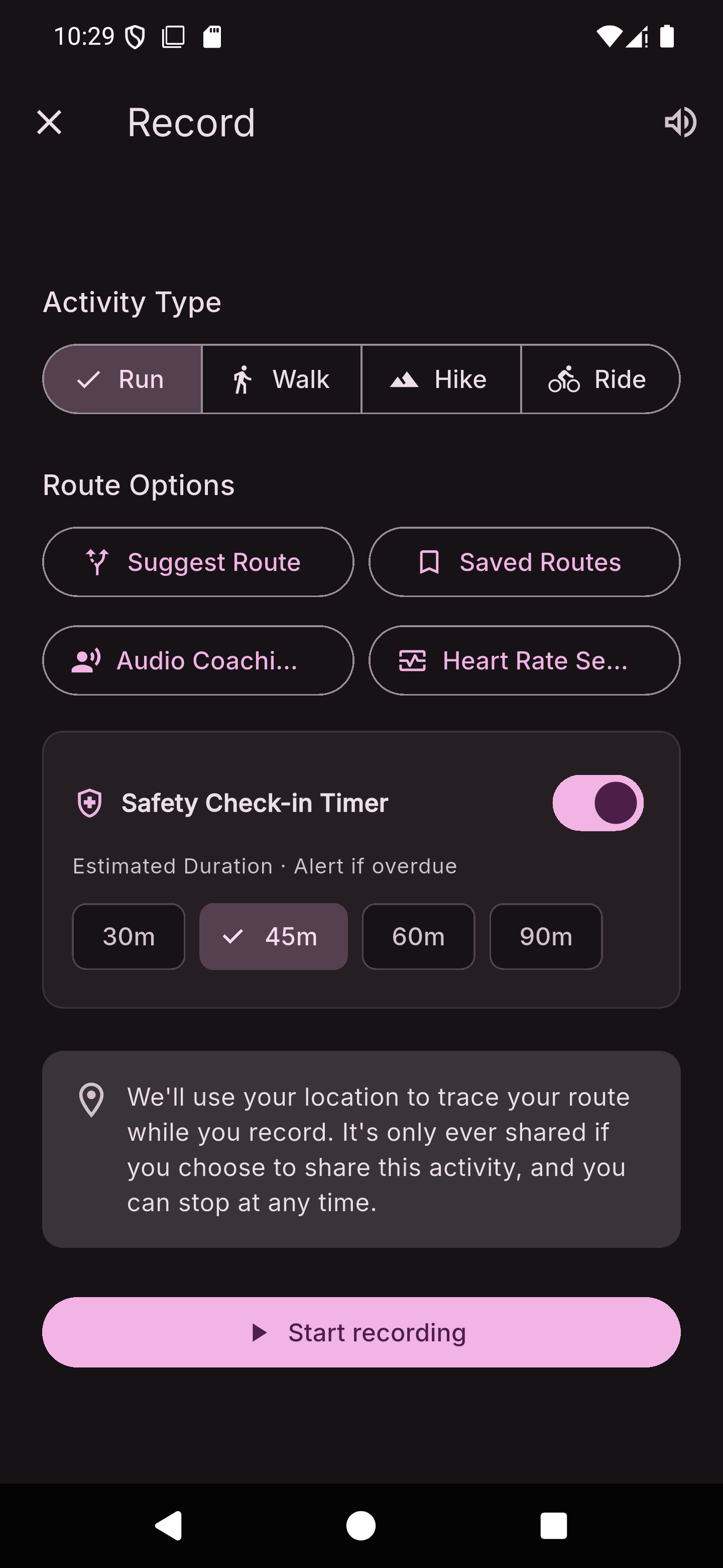 The Frelia Record screen showing activity options for Run, Walk, Hike, and Ride, route and audio coaching options, and a Safety Check-in Timer set to 45 minutes.