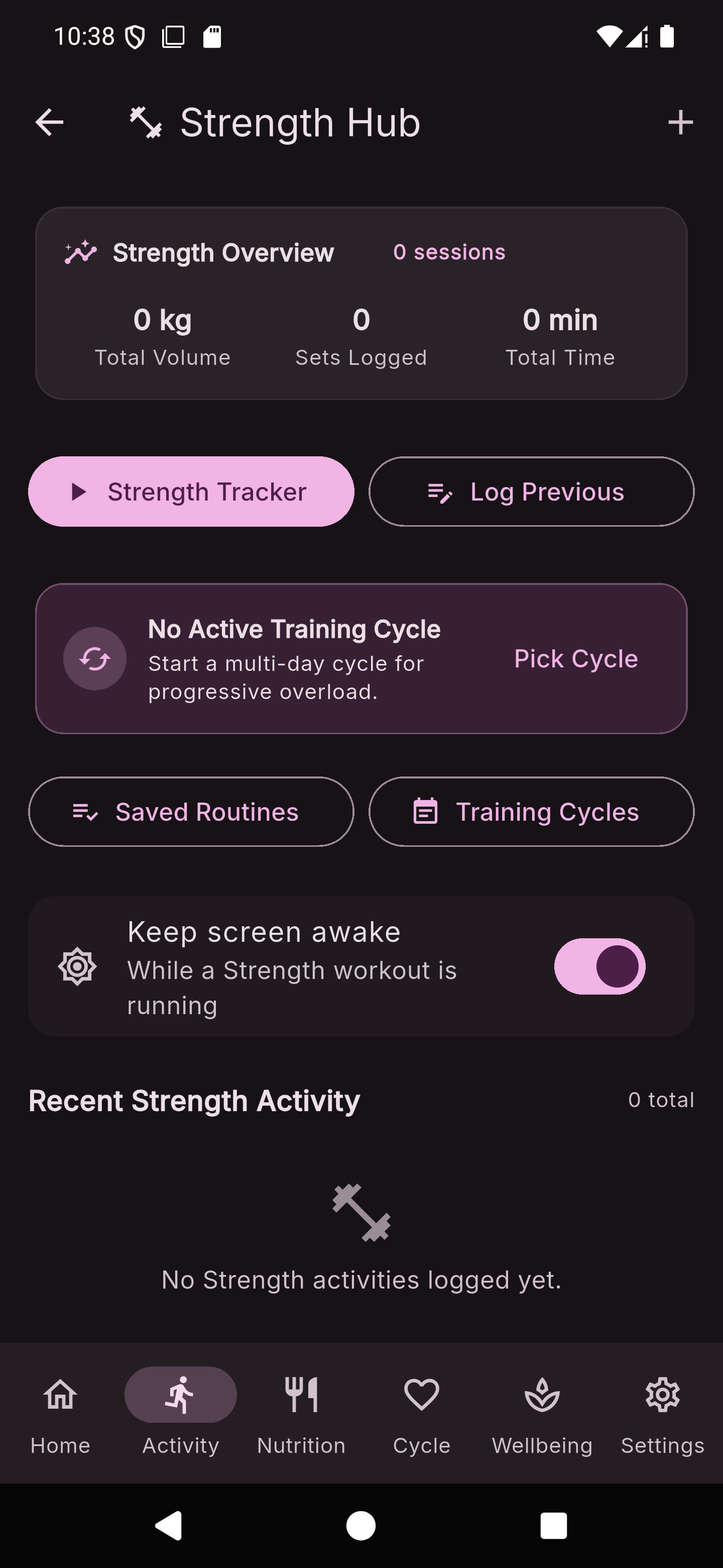 The Frelia Strength Hub showing total volume, sets logged, total time, Strength Tracker, training cycle progression, saved routines, and a toggle to keep the screen awake during workouts.